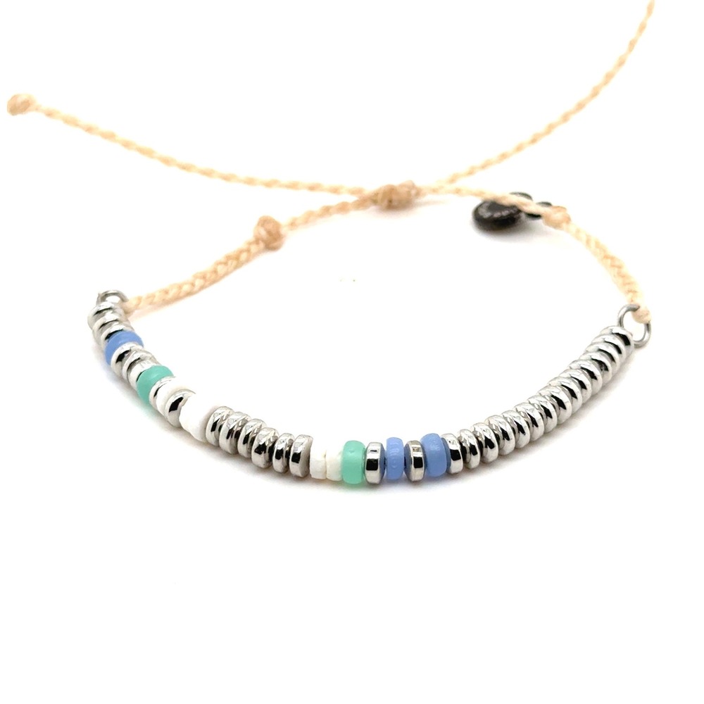Pura Vida Beaded Cord Bracelet Silver Tone Metal Discs Blue Teal Cream Adjustabl